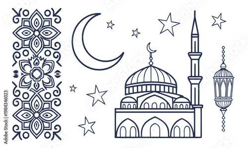 Islamic cultural elements including a mosque crescent moon stars traditional lantern and decorative border isolated on transparent background