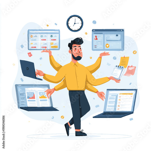 Professional Multitasking Businessman Managing Multiple Digital Tasks with Many Arms