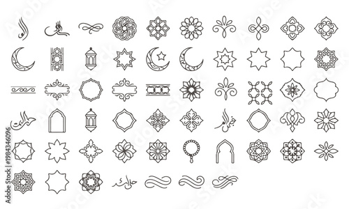 Collection of Islamic cultural and architectural decorative elements and ornaments in outline style