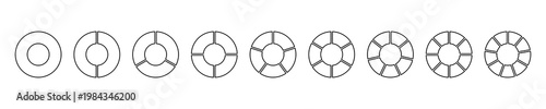 Blank circle division 1 to 9 equal parts. White wheel round divided diagrams with two, three, four, five, six, seven, eight, nine segments.