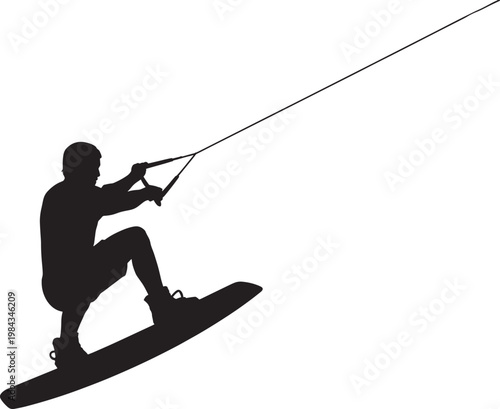 Wakeboarder silhouette riding wave, holding rope on checkered background