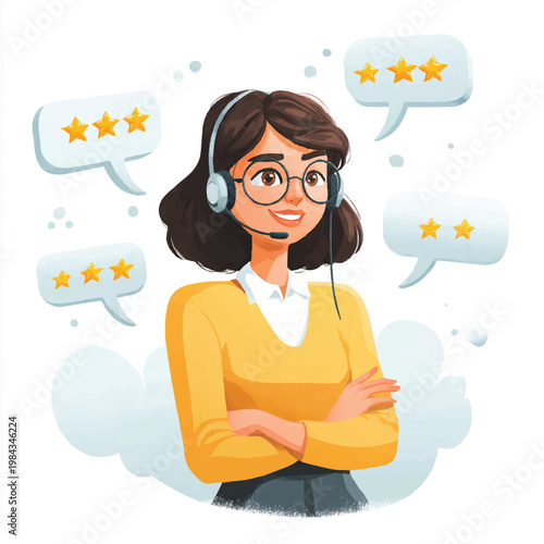 Professional Customer Support Woman With Headset And Five Star Feedback