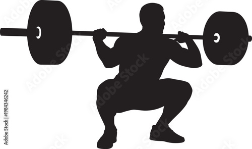 Weightlifter silhouette squatting with barbell on checkered background