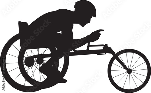 Wheelchair racer silhouette in competition on checkered background
