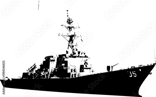 US Navy Destroyer Missile Launch Silhouette, Naval Warfare and Maritime Conflict Action Vector, Geopolitical Tension Icon