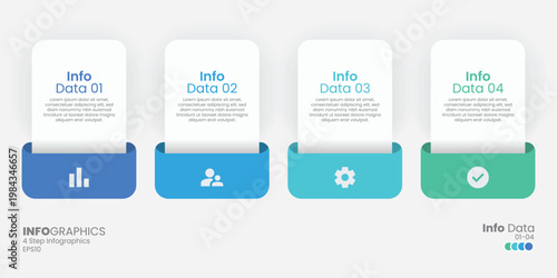 Modern 4 Step Infographic Template with Gradient Cards and Icons. Clean and modern 4-step infographic vector template featuring gradient color cards with minimal icons and text placeholders.
