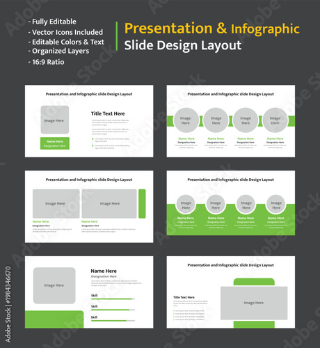 Set of clean presentation and infographic slide layouts with image placeholders and skill indicators