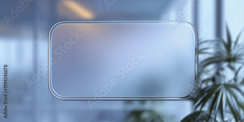Glassmorphism banner with blurred office background with the matte effect frame, empty space for text, annpuncement and adveritsement.