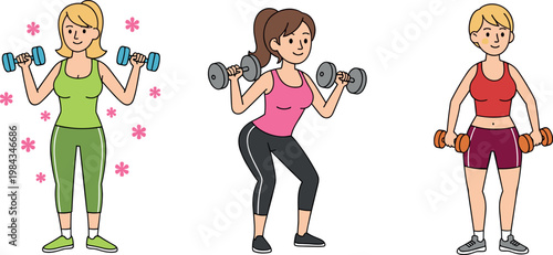 Women Fitness Vector Set with Dumbbells, Exercise Poses, and Strength Training for Health, Gym, and Fitness Illustrations