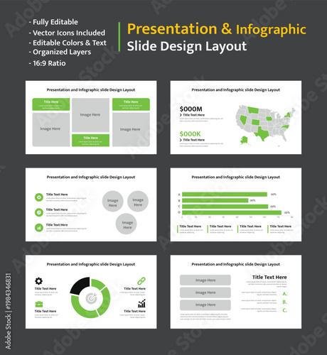 Versatile presentation and infographic slide template layouts featuring diverse data visualizations