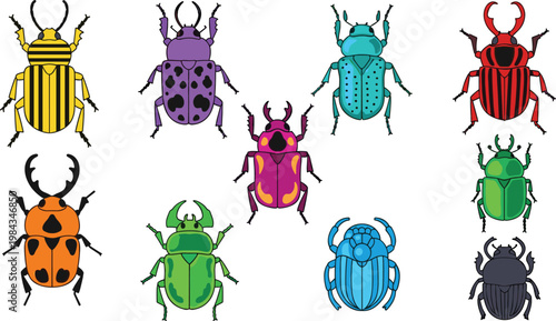 Scarab beetles and colorful dung beetle species wildlife icon set