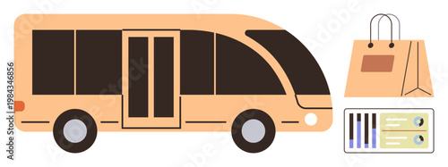 Transportation, shopping, ticketing, travel plans, public mobility, urban logistics. Modern bus with shopping bag and travel tickets. Transportation and shopping concept travel essentials