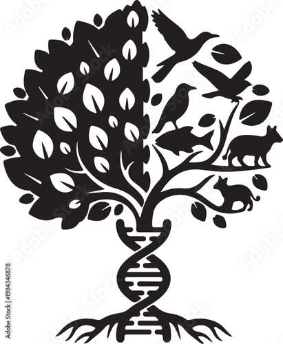 The interconnectedness of life A symbolic tree of life, DNA helix, flora, fauna, and avian life representing evolution, diversity, and biological heritage