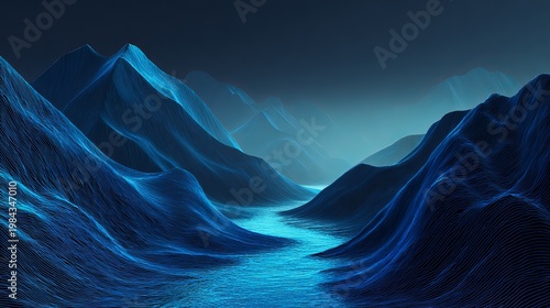 A serene and dramatic digital landscape of blue mountains and a river at night