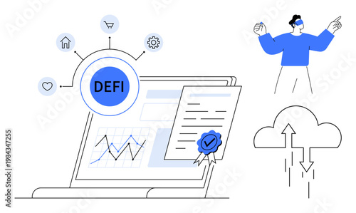 Decentralized finance concept. Decentralized finance integrates blockchain, smart contracts, and innovation for secure transactions. Decentralized finance supports digital asset management, fintech