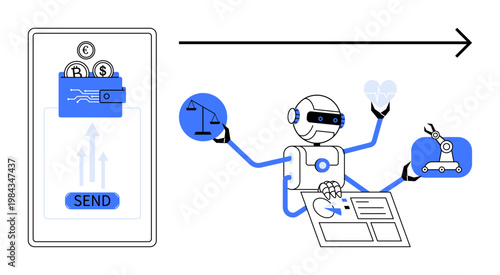 Financial technology, automation, AI decision-making, robotics, digital transformation, workflow management. Robot multitasking with balance scale, finance app, and robotic arm illustration