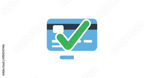 A digital credit card illustration depicts a checkmark symbolizing successful transaction in a flat bold silhouette high quality professional detailed modern