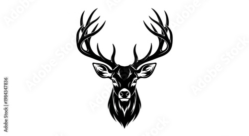 A black and white vector graphic illustration of a deer's head with large antlers