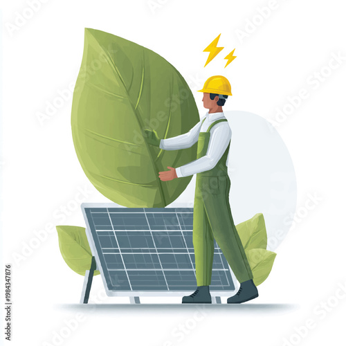 Sustainable green energy concept with solar panel and engineer illustration