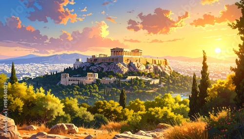 A serene landscape of an ancient city at sunset