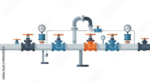 An illustrative depiction of industrial piping and valves with gauges showcasing a minimalist silhouette high quality professional detailed modern elegant stylish