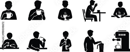 Icons depicting people enjoying coffee and beverages with coffee machine eating out business break
