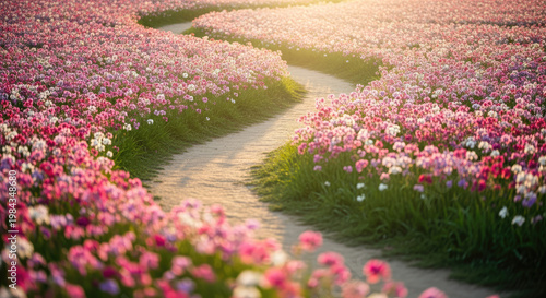 A serene pathway winds through a vibrant field of colorful flowers at sunset