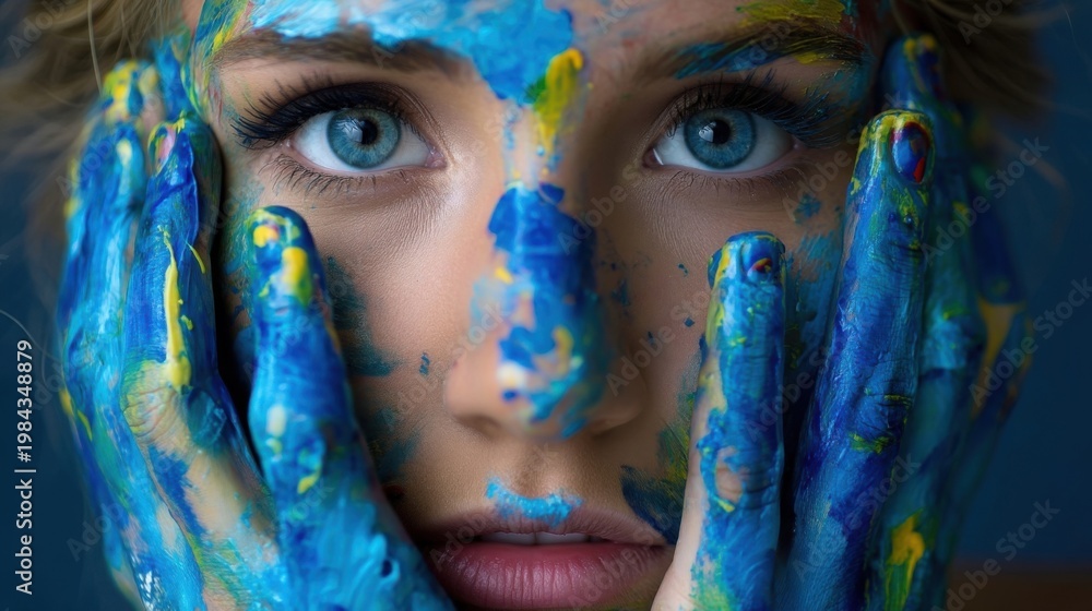 Obraz premium Blue eyed woman with hands covered in vibrant blue and yellow paint touches her face, staring intently with an artistic