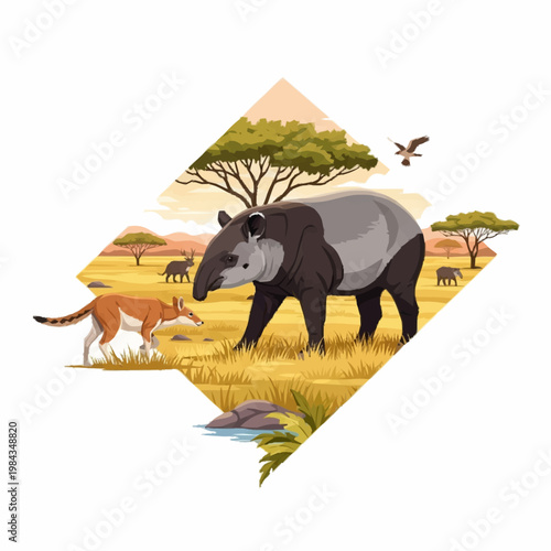 Digital illustration of a Malayan tapir and maned wolf in a savanna landscape with acacia trees and wildlife figures, set within a diamond-shaped graphic on a white background.
