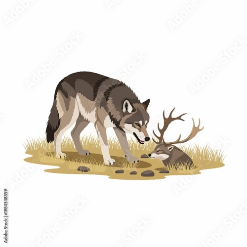 Vector illustration featuring a large grey wolf standing over a deer head with antlers emerging from a hole in the ground, set on a patch of dry grass and earth isolated on white.