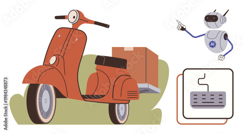 AI automation, logistics, delivery services, robotics, transportation, future tech. Retro scooter carrying box, robot pointing to a concept of technology connection. AI automation and logistics