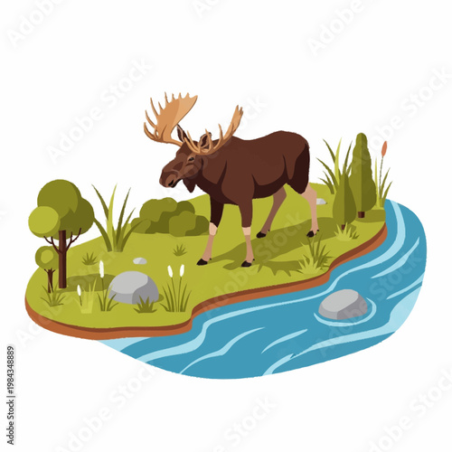 Vector illustration of a brown bull moose with large antlers standing on a grassy riverbank near a blue flowing stream with green trees and rocks, isolated on white background.