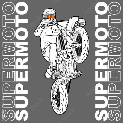 Supermoto Rider Wheelie Vector Illustration – Motocross Stunt Bike Line Art Design