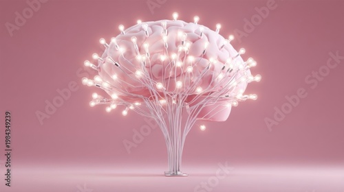 Pink brain shaped lamp with glowing bulbs, neural network branches, soft pink background, symbolizing creativity.