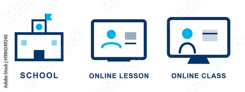 Educational icons set including school building online lesson and digital class.