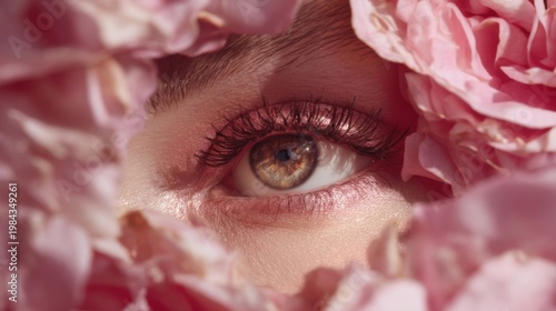 Brown eyes gaze through layers of soft pink rose petals, long curled lashes, delicate makeup, radiant skin, romantic amb