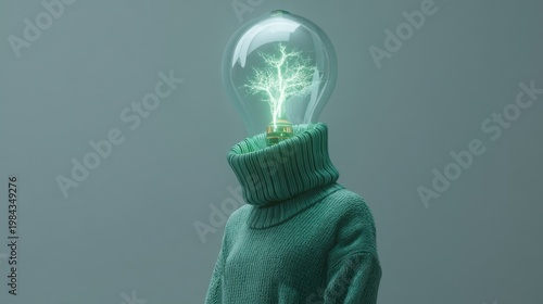 A figure in green turtleneck with bulb head glowing neural branches against sage backdrop.