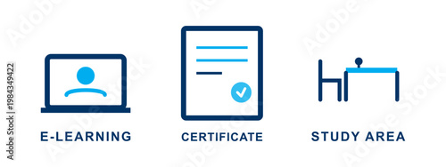 Modern education symbols for e-learning certificate and desk study area setup.