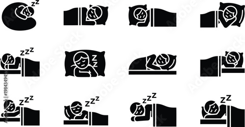 Set of icons illustrating different sleeping positions and states with curled up, sleep cycle