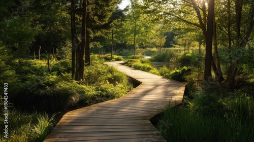 Sunlight filters through dense forest onto winding wooden path, lush grass, babbling stream.