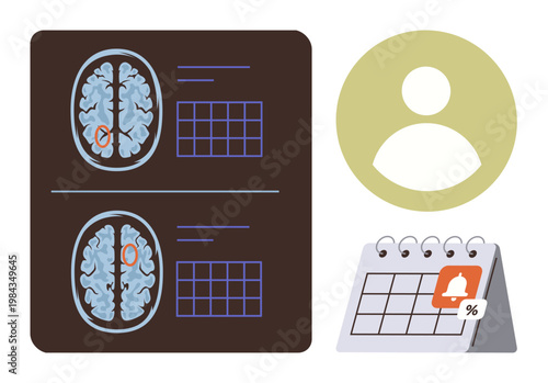 Neurology research, medical diagnostics, patient scheduling, healthcare, brain monitoring, mental health. Brain MRI scans, user icon and reminder calendar. Neurology and medical diagnostics concept