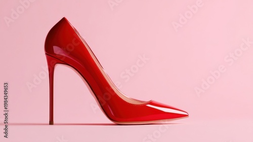 A glossy red pointed high heel shoe with stiletto heel on soft pink background, elegant and stylish.