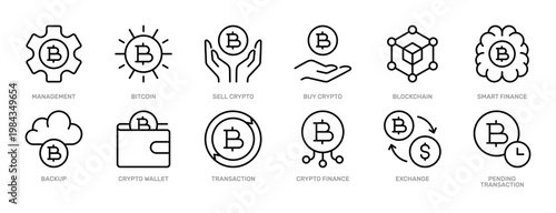 Crypto Finance thin line icon set. Cryptocurrency, Financial Technology, Fintech, Digital Payment, Bitcoin concept. Black outline vector icons collection.