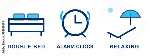 Relaxation and alarm icons set with double bed, alarm clock, and beach umbrella.