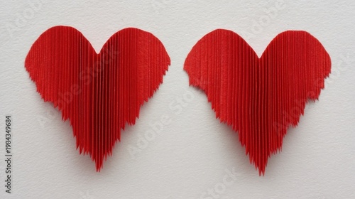 Two red origami hearts with vertical creases and jagged edges symbolize love and romance on white background.