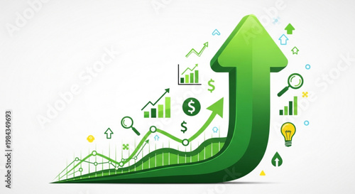 A green arrow vector graphic with various business and finance icons, representing growth and success