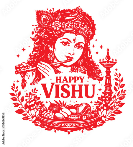 Happy Vishu Festival Greeting Background with Vishu Kani, Kani Konna Flowers and Traditional Kerala Lamp