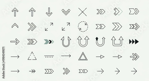 A collection of various arrow icons and symbols in a minimalist line art style