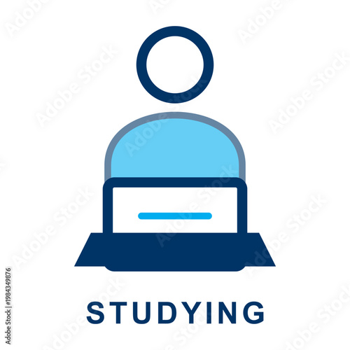 Studying icon depicting student person sitting at desk with laptop computer flat.