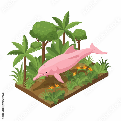 Isometric illustration of a pink Amazon river dolphin swimming above a lush jungle landscape with palm trees and tropical flowers on a floating island platform background.